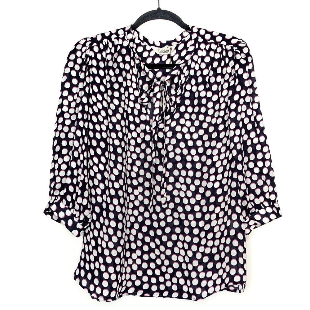 Tucker The Tassel Blouse Shadot Navy in Double Georgette Silk Top Polka Dots